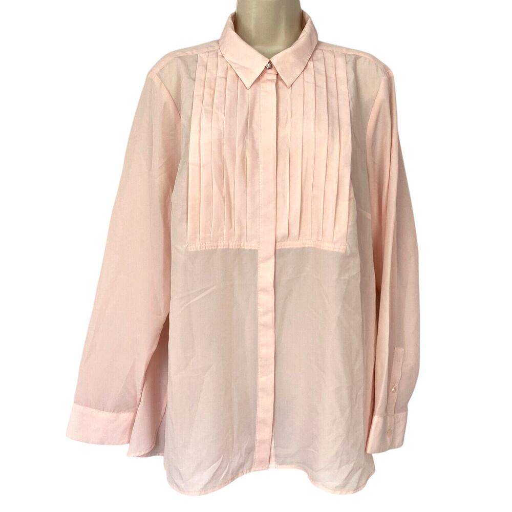 Talbots Top XL Pink Pastel‎ Rhinestone Button Up Pleated Front Semi Sheer Career